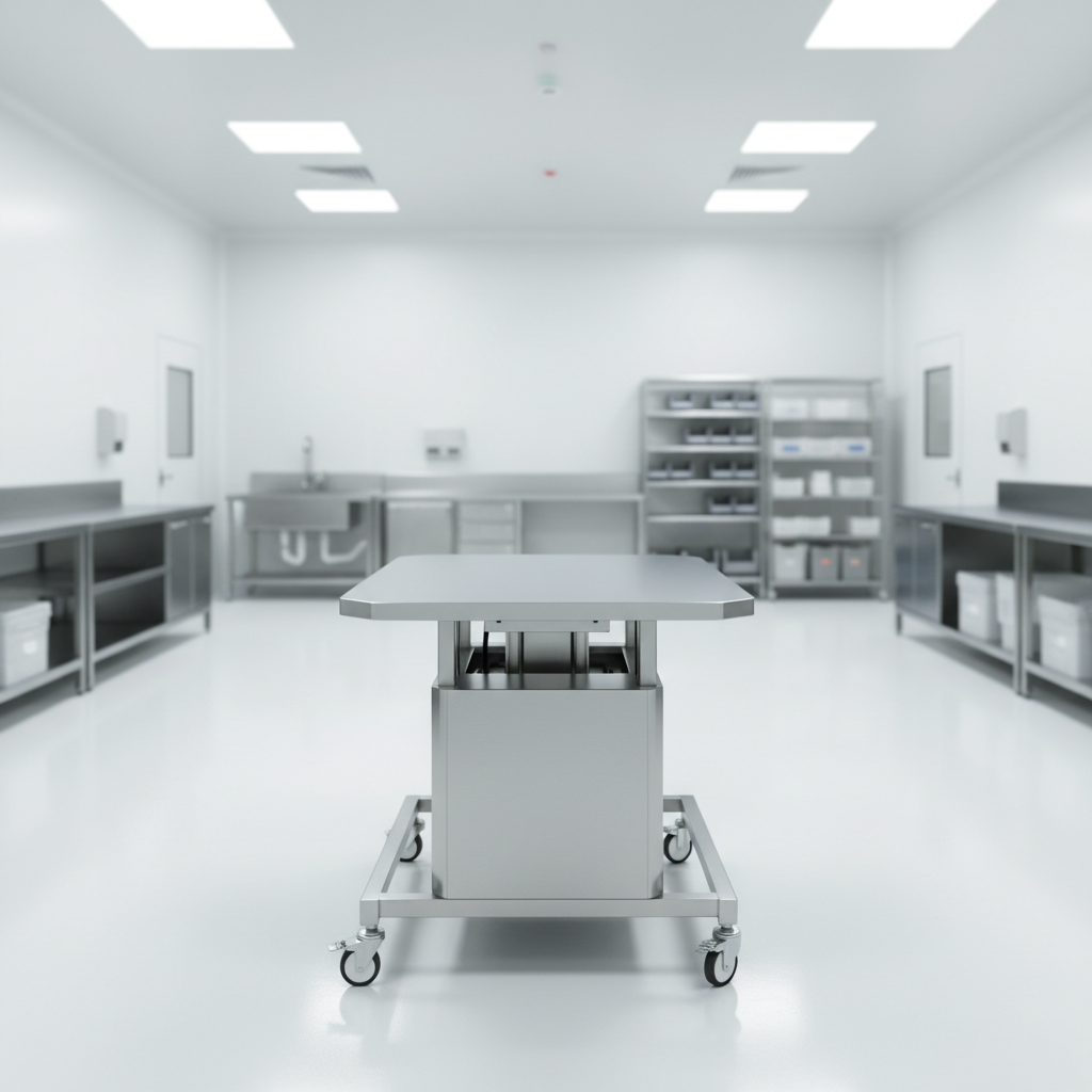 A robust stainless-steel hydraulic lift table designed for food and pharmaceutical environments, with a smooth, easy-to-clean platform, rounded corners, and fully enclosed lift mechanisms. The table stands in a bright, sterile production room with glossy white epoxy flooring and seamless white wall panels. Cool, diffused lighting from overhead panels eliminates harsh shadows, creating a clean, clinical appearance with gentle reflections on the stainless surfaces. In the softly blurred background, modular stainless workstations and storage units reinforce a hygienic, high-tech setting. Captured at eye level with balanced, centered composition and photographic realism, the image conveys reliability, hygiene compliance, and professional-grade engineering for demanding cleanroom applications.
