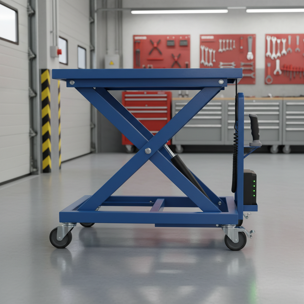 A mobile lift table unit with a compact blue steel platform, reinforced scissor arms, and heavy-duty swivel casters with integrated brakes, positioned beside a maintenance bay in an industrial workshop. A coiled control pendant rests neatly on a side bracket, and a mounted battery pack is visible at the base, with discrete status LEDs glowing faintly. The environment features a smooth, matte-gray epoxy floor and organized tool cabinets in the softly blurred background. Neutral white overhead lighting creates crisp yet soft shadows and subtle metallic highlights on the frame. Shot from an eye-level side angle in photographic realism with moderate depth of field, the composition emphasizes maneuverability, versatility, and professional equipment upkeep without any human presence.