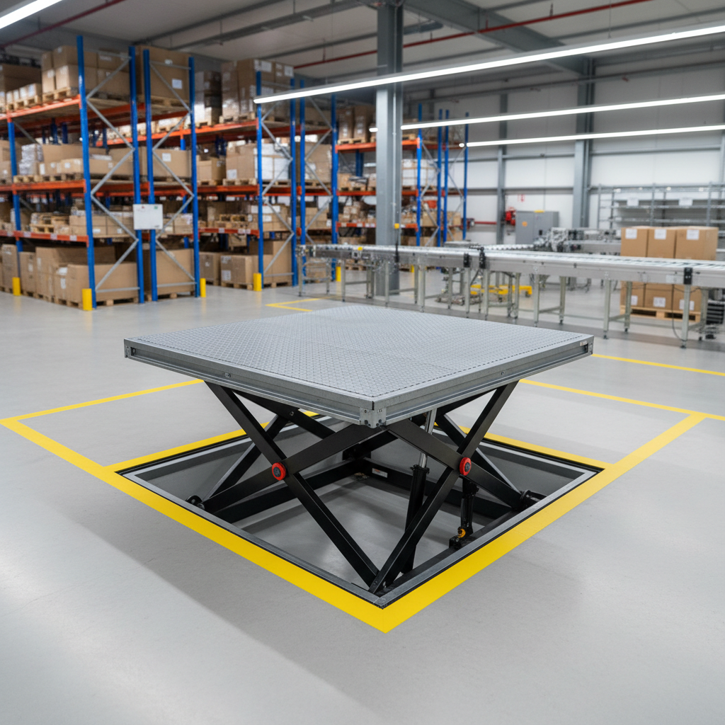 A flush-mounted lift table integrated seamlessly into a warehouse floor, its closed platform forming a perfectly level, textured gray surface with a narrow, precise perimeter gap. The platform is partially raised, revealing the concealed scissor mechanism within a neat floor pit. Around it, painted safety markings define the working area on the smooth concrete floor. Overhead LED strips provide uniform, shadow-free lighting, enhancing the technical clarity of bolts, hinges, and safety stops. The background shows slightly out-of-focus pallet racks and roller conveyors, suggesting a sophisticated material flow system. Captured from a top-down, slightly diagonal view in high-resolution photographic realism, the scene communicates smart, space-saving design and ergonomic loading for pallet trucks and trolleys.