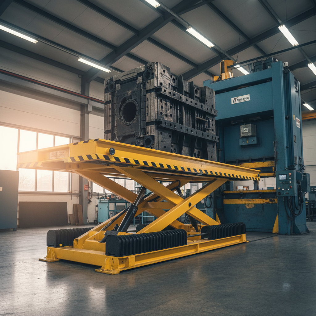 An extra-long, heavy-capacity lift table supporting a massive steel mold, the platform finished in high-visibility industrial yellow with black safety striping along the edges. The scissor mechanism features reinforced double stages, thick pivot pins, and protective bellows covering the hydraulic components. Positioned in front of a large industrial press in a tooling workshop, the table is partially raised to working height. Neutral overhead workshop lighting combines with a side window’s soft natural light, creating a balanced, realistic mix of cool and warm tones with defined yet gentle shadows. Photographed from a low-angle three-quarter view in detailed photographic realism, the composition emphasizes strength, stability, and precise positioning for handling ultra-heavy industrial loads.