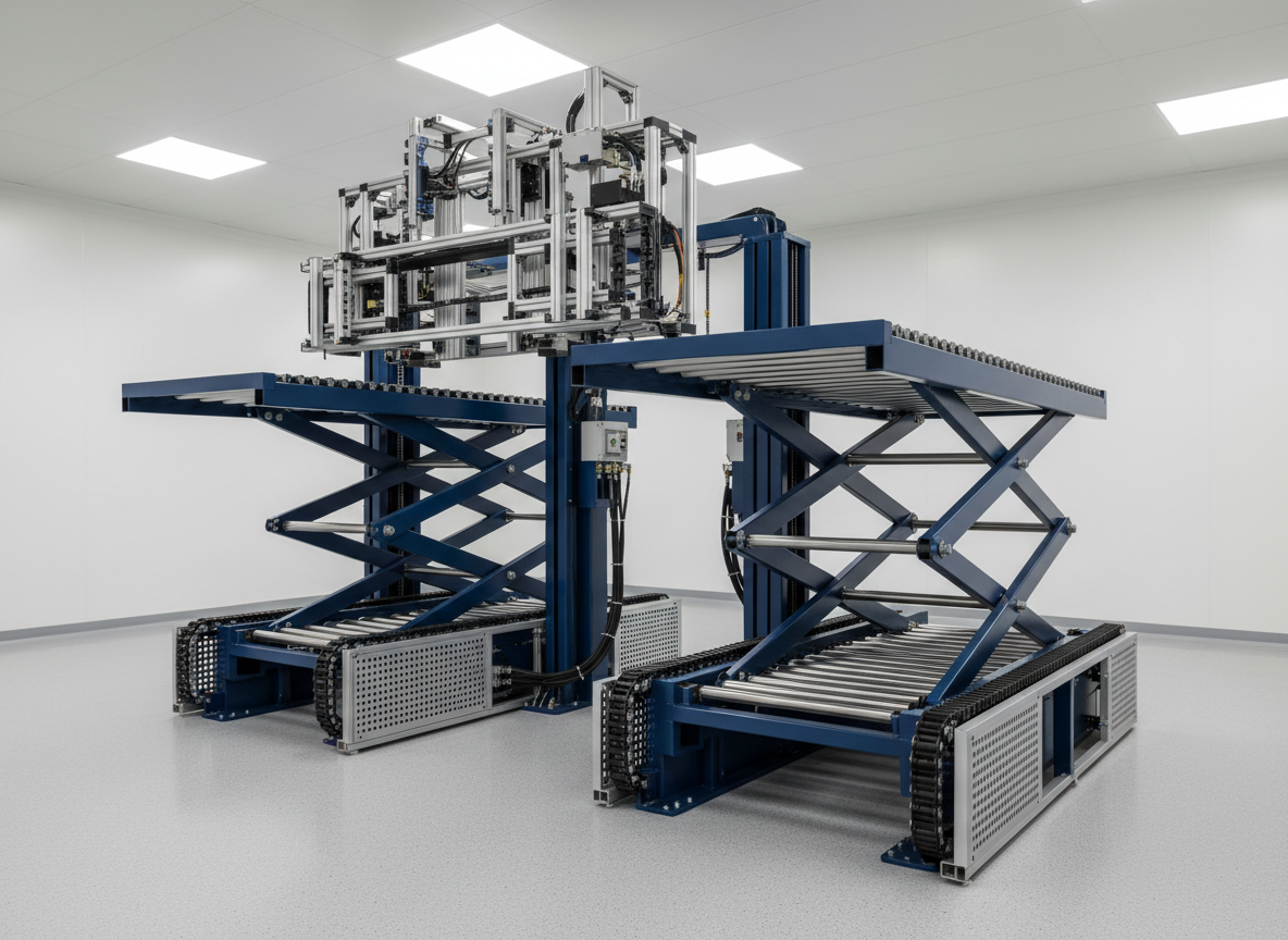 A synchronized dual-scissor lift table system with two independent blue platforms aligned side by side, each with integrated roller tops, positioned beneath a large assembly fixture in a high-tech industrial cell. Heavy-duty cabling and hydraulic lines are routed cleanly along cable chains and safety guards. The platforms are raised to different heights, demonstrating flexible position control. The space is illuminated by bright, uniform LED panel lighting, creating precise reflections on the rollers and cast shadows accentuating the mechanical geometry. The floor is a light gray epoxy with subtle gloss, mirroring hints of the equipment. Photographed from a wide, slightly elevated angle in clean photographic realism, the composition showcases advanced automation-ready design and custom engineering for complex assembly operations.