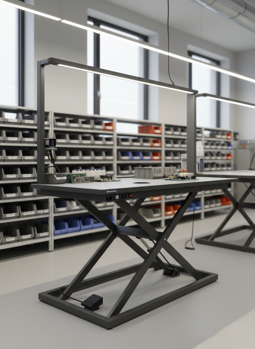 A compact, high-lift scissor table specifically designed for ergonomic workstation height adjustment, featuring a medium-sized, matte dark-gray steel platform with integrated cable pass-throughs and a slim, foot-operated control pedal. The table is installed beneath a modular industrial workbench, lifting the entire surface to an adjustable height within a tidy electronics assembly area. The room is bathed in soft, diffused overcast daylight from high windows, complemented by neutral overhead strip lighting, creating a calm, evenly lit scene with minimal glare. Background shelves with labeled bins appear softly defocused. Shot at eye level with a slight three-quarter angle in realistic photographic style, the composition primes attention on comfort, precision, and customization for operator-friendly industrial workstations, without including any people.