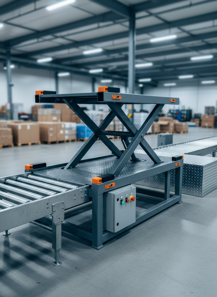 A custom-built, low-profile electric lift table with a textured anti-slip gray steel deck, integrated safety chock blocks, and flush-mounted control box, positioned alongside a conveyor line in a modern logistics center. The lift is half-raised, aligning perfectly with the adjacent conveyor rollers and a nearby loading dock platform. Cool, diffused overhead warehouse lighting creates a neutral, professional atmosphere, with subtle highlights along the edges of the platform and scissor arms. The polished concrete floor reflects a faint silhouette of the equipment. Shot from a slightly elevated three-quarter angle in clean, photographic realism, the image emphasizes precision alignment, ergonomic handling, and seamless integration into industrial workflows, with the background gently blurred to focus attention on the engineered details of the table.